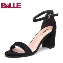 百丽2018夏新专柜羊绒女一字式扣带粗跟凉鞋 BPFB6BL8 Belle