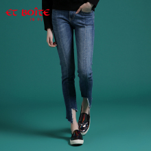 Et Boite/法文箱子秋季时尚弹力直筒牛仔裤女不规则裤脚E6A225图片