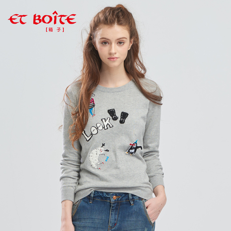 Et Boite/法文箱子宽松毛衣长袖绣花套头针织衫女E162D002商品大图