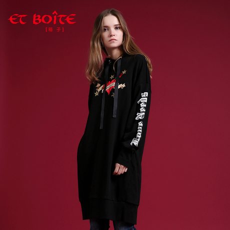 Et Boite/法文箱子秋季新款长袖连帽绣花上衣T恤女中长款E182C218商品大图