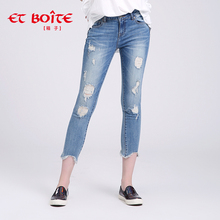 Et Boite/法文箱子弹力牛仔裤 破洞磨破时尚九分裤女夏 E6A213图片