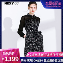 奈蔻真丝印花波点开襟长袖拼接黑色中长款连衣裙秋季新款图片