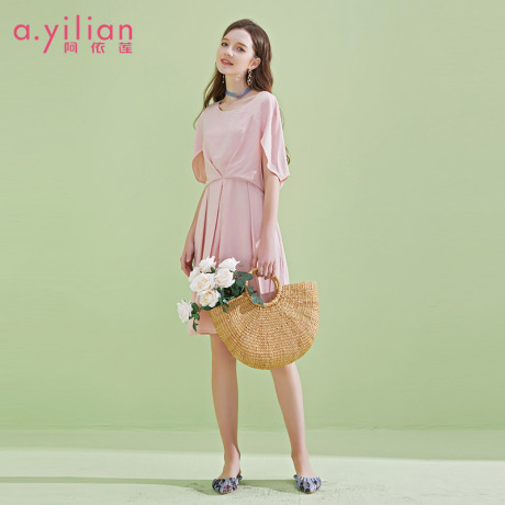 阿依莲2018夏季新款时尚百搭连衣裙女白色圆领开衩袖口修身长裙商品大图