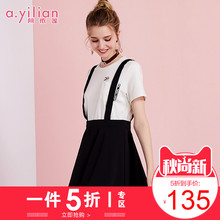 阿依莲2018夏季新款学院风短袖拼接假两件女背带修身显瘦连衣裙图片