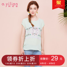 阿依莲2018夏季新款时尚印花衬衫圆领短袖修身显瘦女装图片