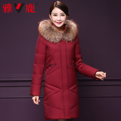 雅鹿中老年羽绒服女外套中长款40-50岁真毛领妈妈冬装2018新款厚商品大图
