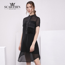 ZIMMUR SCARTHIN女装2018新款黑色雪纺连衣裙宽松显瘦不规则裙摆图片