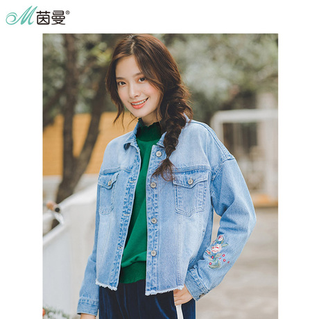 茵曼旗舰店2018秋装新款女装刺绣毛边牛仔短外套牛仔褂春秋牛仔衣商品大图