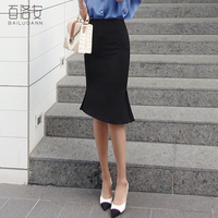 百洛安半身裙高腰中裙夏季新款女装韩版通勤百搭开叉修身包臀裙子