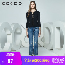 CCDD2017秋装新品专柜正品 时尚修身系带九分袖套头 针织衫女黑色图片