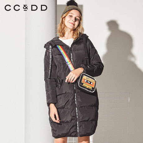 CCDD2018冬装新品专柜正品时尚宽松黑色长款连帽羽绒服女保暖外套商品大图