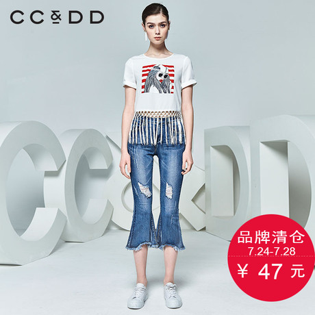 CCDD夏装新品专柜正品时尚休闲女流苏圆领印花短袖休闲衬衫白商品大图