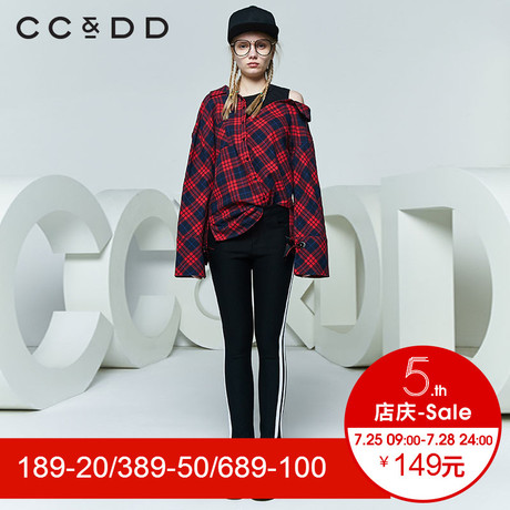 CCDD2018春装新品专柜正品韩版假两件落肩宽松格子长袖衬衫女上衣商品大图