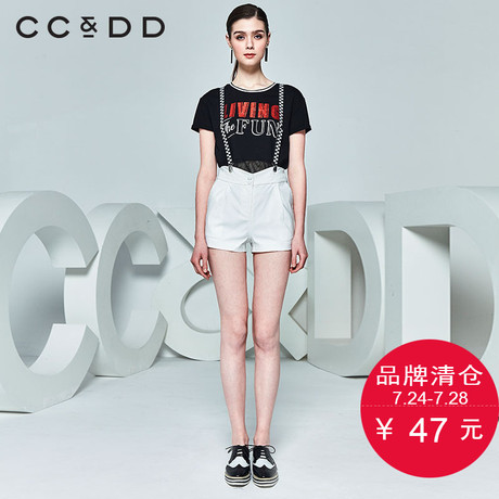 CCDD夏装新品专柜正品休闲女圆领字母印花网纱拼接短袖t恤黑商品大图