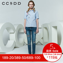 CCDD2018夏装新品专柜正品时尚韩版条纹印花不规则系带短袖衬衫女图片