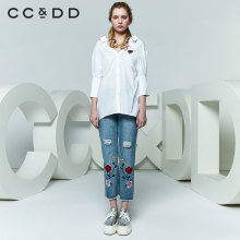 CCDD2018夏装新品专柜正品时尚韩版V领宽松绣花落肩九分袖衬衫女图片