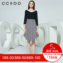 CCDD2018春装新品专柜正品低圆领拼接条纹七分袖连衣裙女中长款图片