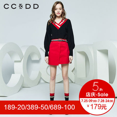 CCDD2018秋装新品专柜正品时尚宽松黑色V领套头针织衫女长袖毛衫商品大图