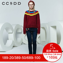 CCDD2018春装新品专柜正品韩版彩虹领肩拼色针织衫女套头毛衫上衣图片