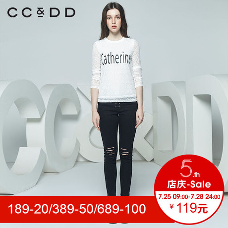 CCDD春装新品专柜正品字母印花蕾丝上衣长袖套头衫女白色商品大图