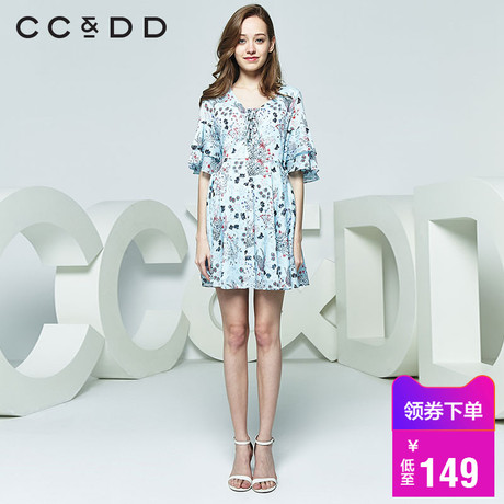 CCDD2018夏装新品专柜正品交叉绑带V领荷叶边碎花短袖连衣裙女商品大图