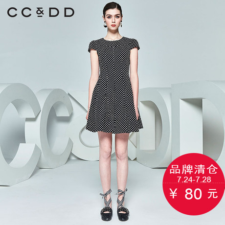 CCDD夏装新品专柜正品时尚淑女波点圆领短袖连衣裙黑色中长裙商品大图