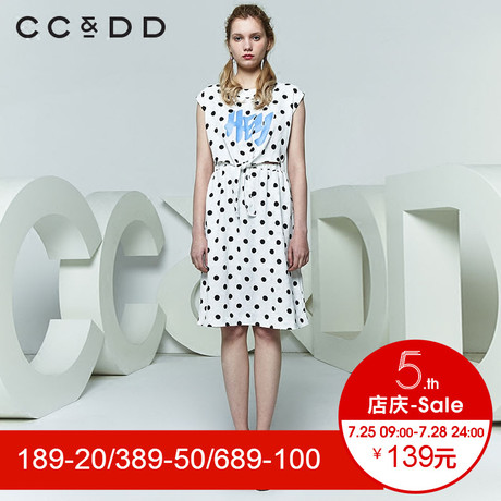 CCDD2018夏装新品专柜正品字母波点收腰圆领无袖连衣裙女中长款潮商品大图