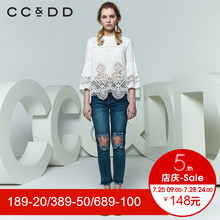 CCDD2018夏装新品专柜正品气质淑女钩花镂空九分袖白衬衫套头上衣图片