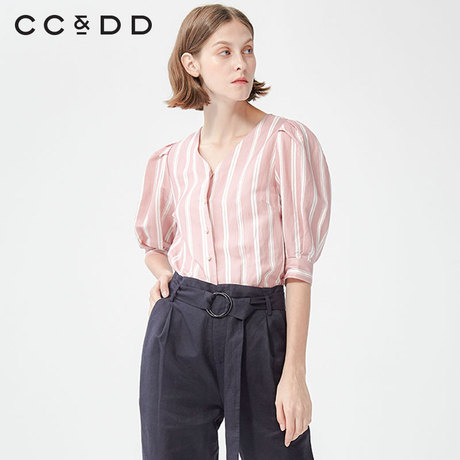 【商场同款】CCDD2018秋装新品竖条纹半袖衬衫日系工装淑女衬衫商品大图