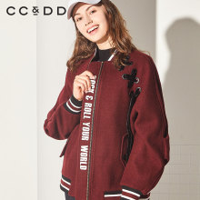 CCDD2018冬装新品专柜正品时尚字母印花宽松系带棒球领毛呢外套图片