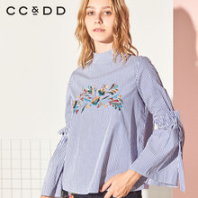 CCDD2018冬装新品专柜正品时尚刺绣半高圆领微喇袖口系带长袖衬衫图片