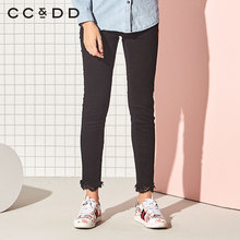 CCDD2018冬装新品专柜正品时尚修身中腰刺绣毛边脚口铅笔牛仔裤图片