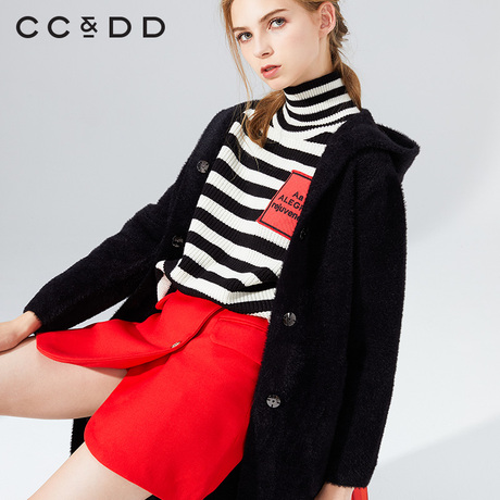 【预售】CCDD2018冬装新品专柜正品时尚连帽暗扣直筒黑色毛呢外套商品大图