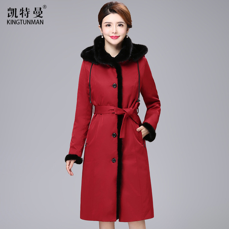 海宁皮草獭兔毛中长款系带连帽大码派克服女装宽松显瘦韩版时尚潮商品大图