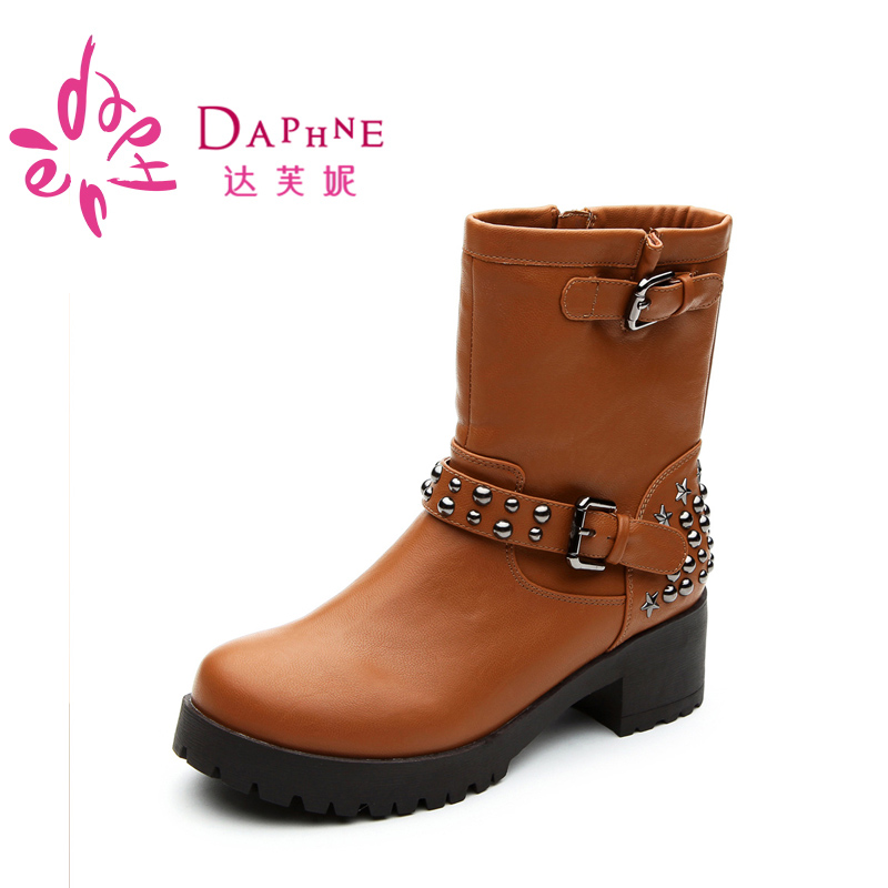 Daphne/达芙妮正品冬中筒靴人造短毛绒时尚个性厚款保暖女马丁靴_英家券