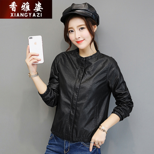 欧洲站2019秋季新款女装通勤直筒长袖拉链圆领水洗皮短款PU皮衣潮
