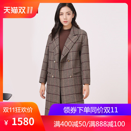 恒源祥羊毛大衣女中长款秋冬新款格子双面呢时尚呢子大衣英伦外套商品大图