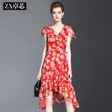 卓芯2019夏季新款真丝连衣裙女V领中长修身印花长裙复古裙子4200图片