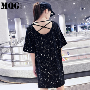 夏装宽松露背中长款T恤黑色短袖韩版亮丝星星烫金体恤上衣潮女装