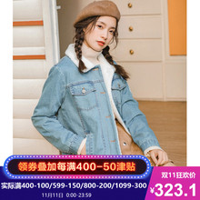 茵曼旗舰店2018冬装新款复古文艺百搭长袖绣花毛绒牛仔外套棉衣女图片