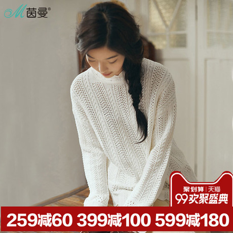 茵曼旗舰店2018秋装新款A摆落肩长袖百搭套头针织衫毛衣女打底衫商品大图