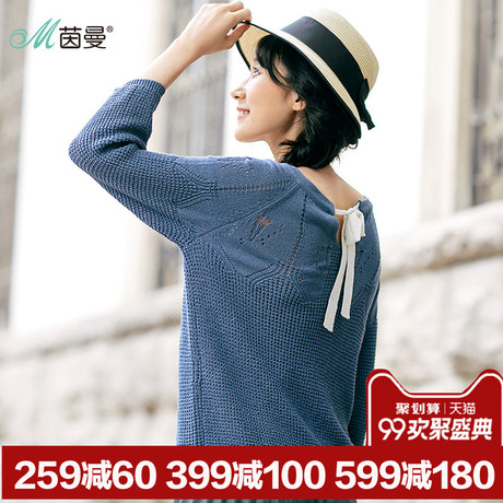 茵曼旗舰店2018秋装新款 提花蝴蝶结套头针织衫七分袖毛织衫女装商品大图