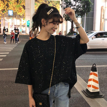 学生黑色大版宽松显瘦亮片中长款 T恤女潮ins 短袖 韩版 2019夏季新款