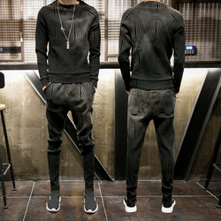 2018秋季新款长袖套装男修身显瘦休闲两件套韩版发型师潮男装社会