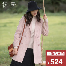 裙居粉色格子毛呢外套女风衣秋冬新款2018文艺宽松羊毛呢子大衣女图片