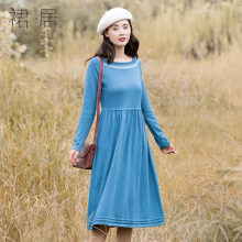 裙居棉质长袖连衣裙秋装女2018新款中长款A字裙文艺宽松百褶长裙图片