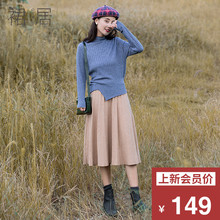 裙居米色宽松半身裙秋装女2018新款中长款A字裙百褶裙打底长裙子图片