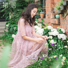 裙居棉质宽松连衣裙女夏2018新款中长款圆领短袖A字裙刺绣长裙子图片