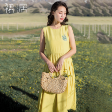 裙居黄色无袖连衣裙女夏2018新款中长款刺绣A字裙文艺宽松长裙子图片