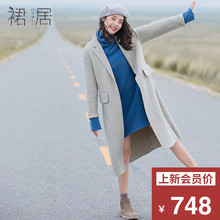 裙居羊毛呢外套女中长款秋装2018新款风衣宽松格子双面呢子大衣女图片